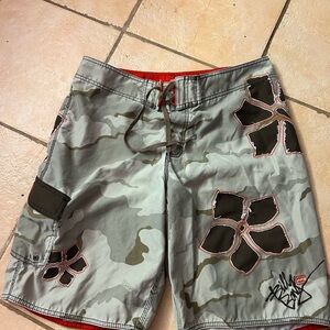 Billabong Gray Camouflage Board Shorts with Black Floral Design